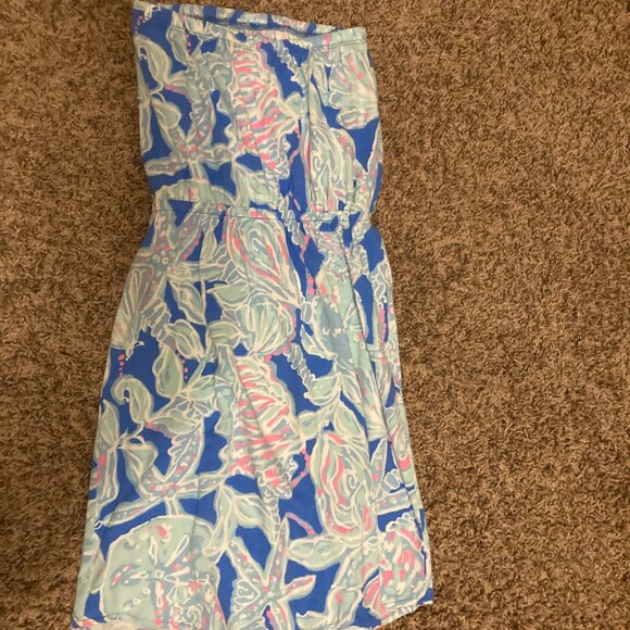 Lilly Pulitzer Into the Deep Windsor Dress XXS Strapless Blue Pink Seashells - Picture 3 of 3